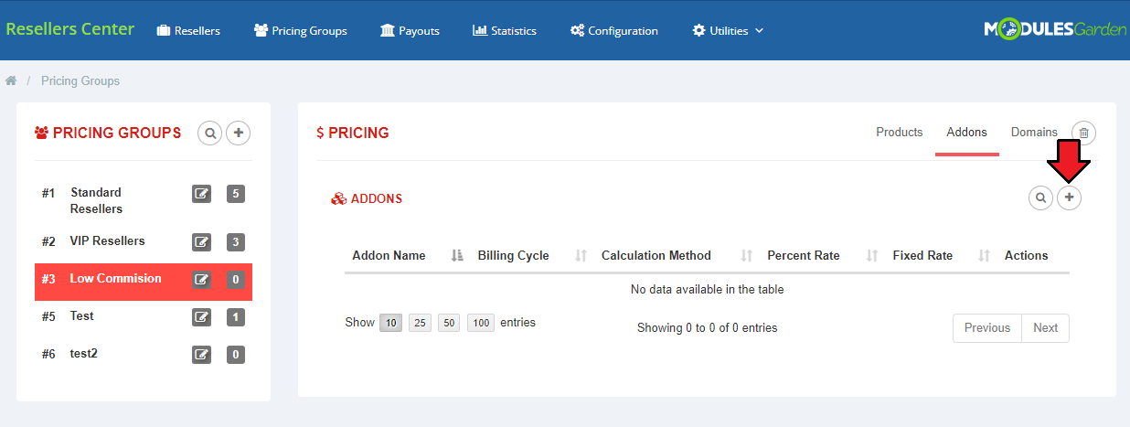 Resellers Center For WHMCS: Pricing Groups Addons tab with an empty table and the add addon button marked