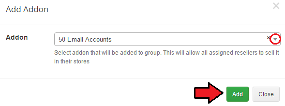 Resellers Center For WHMCS: Add Addon dialog with the addon dropdown and Add button