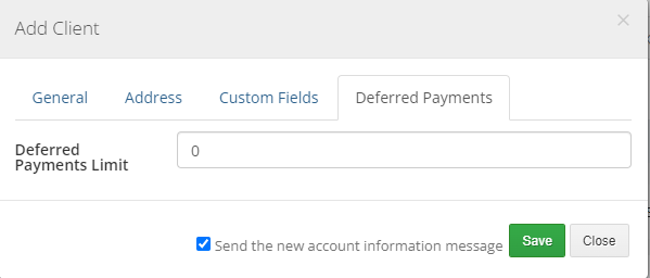 Resellers Center For WHMCS: Add Client dialog on the Deferred Payments tab with the Deferred Payments Limit field