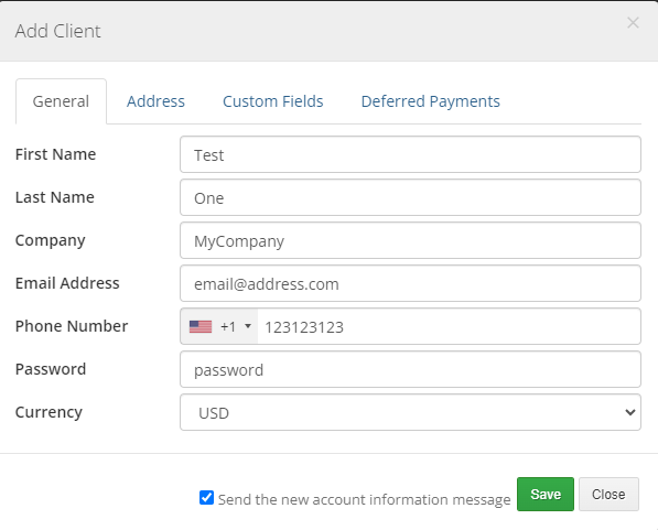 Resellers Center For WHMCS: Add Client dialog on the General tab with name, email, phone, password and currency