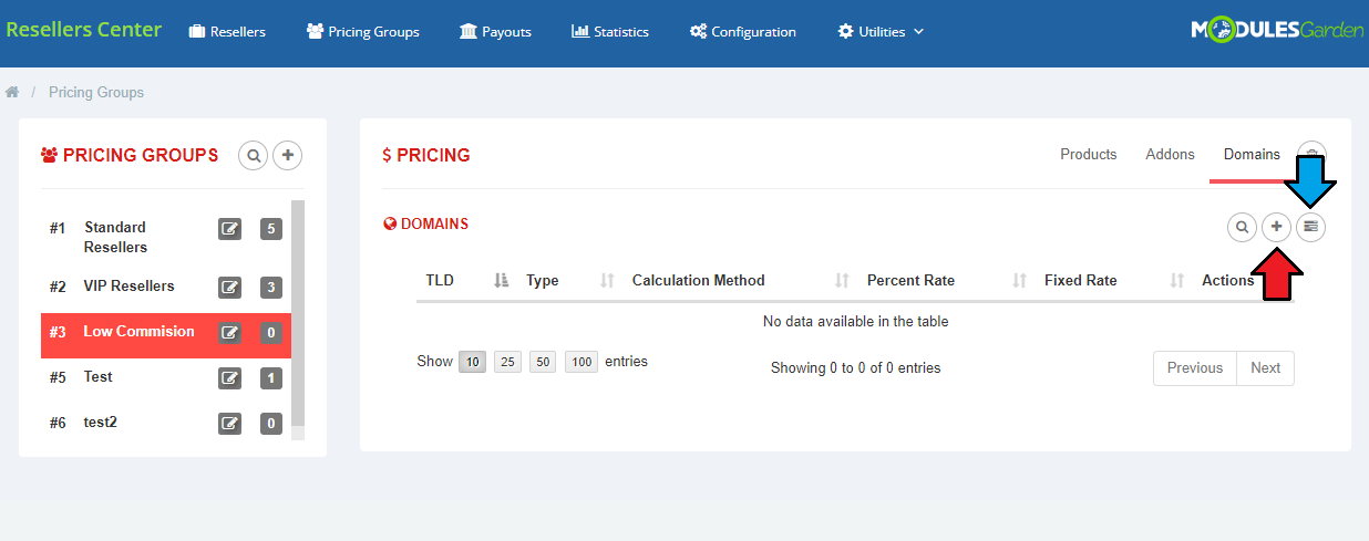 Resellers Center For WHMCS: Pricing Groups Domains tab with the add domain button and the add all TLDs button marked