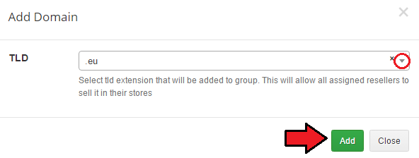 Resellers Center For WHMCS: Add Domain dialog with the TLD dropdown and Add button