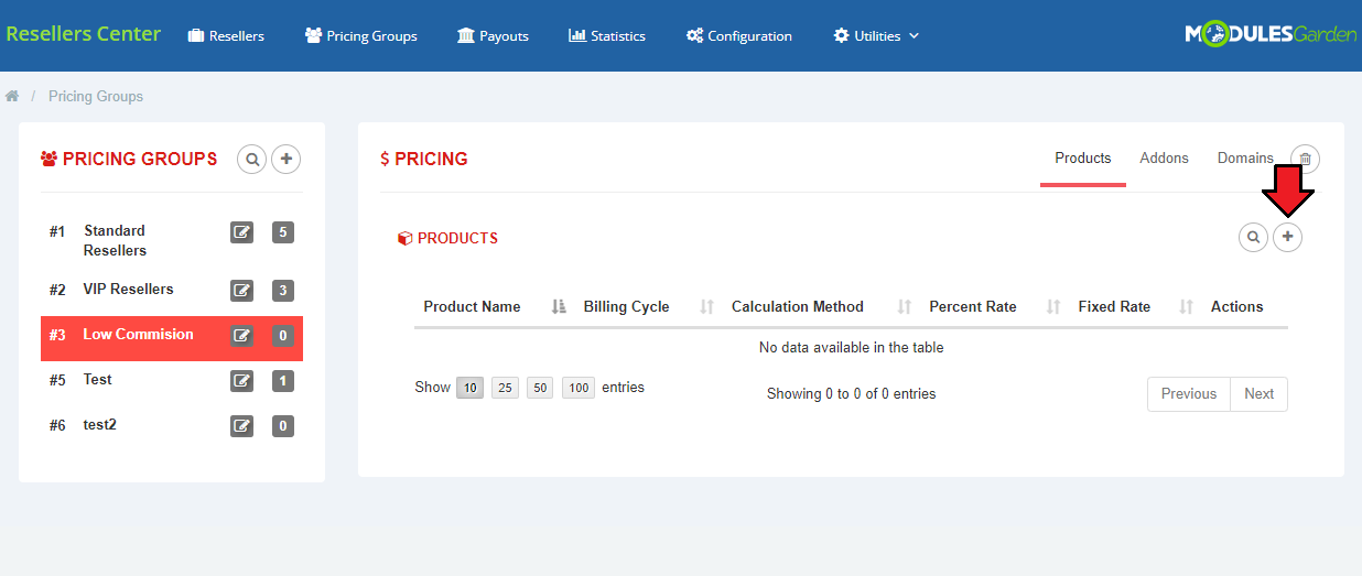Resellers Center For WHMCS: Pricing Groups page with an empty Products table and the add product button marked