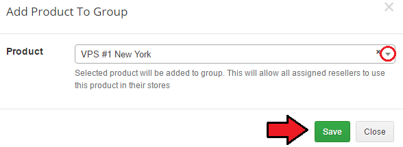 Resellers Center For WHMCS: Add Product To Group dialog with the product dropdown and Save button