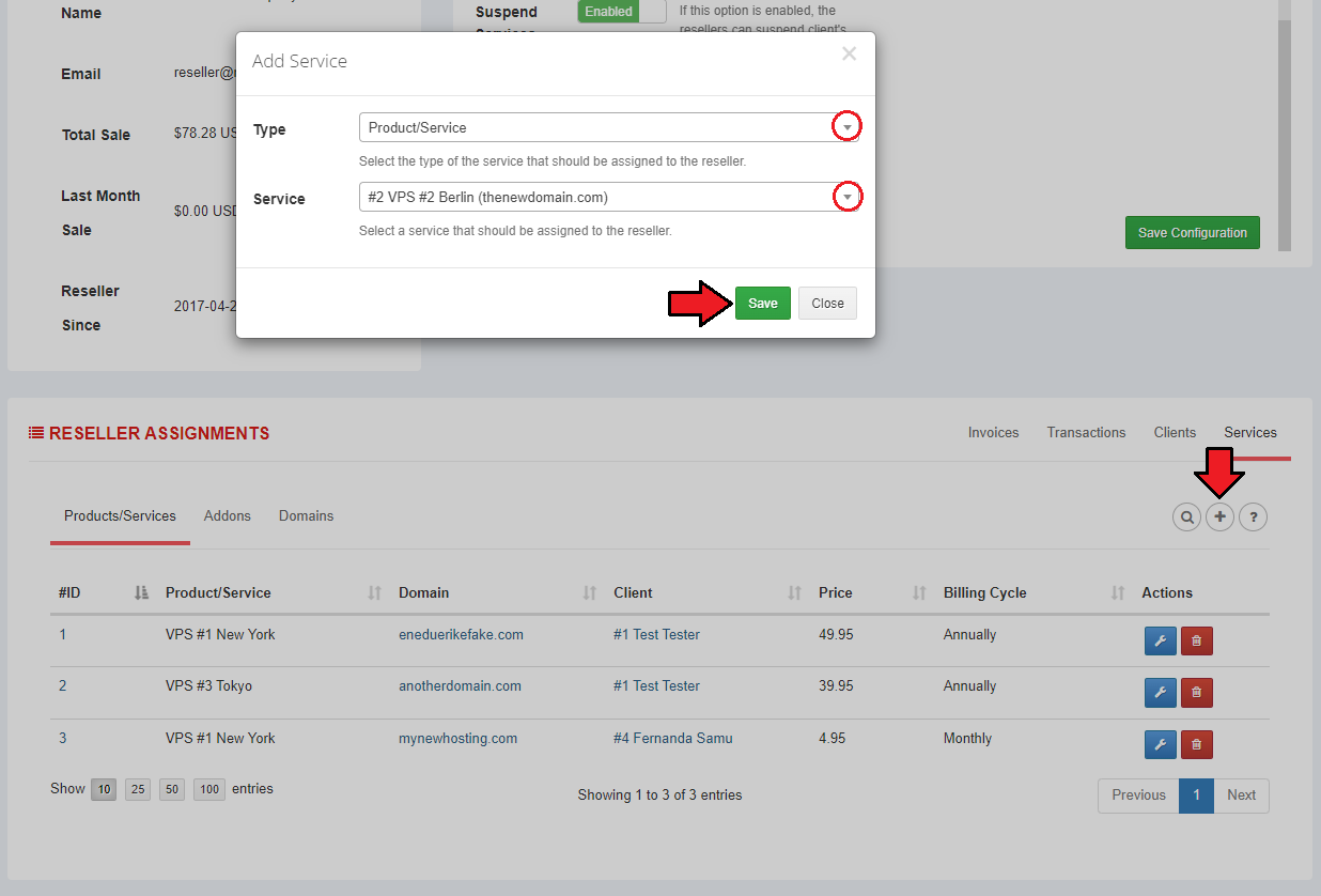 Resellers Center For WHMCS: Add Service dialog with type and service dropdowns on the reseller Services tab