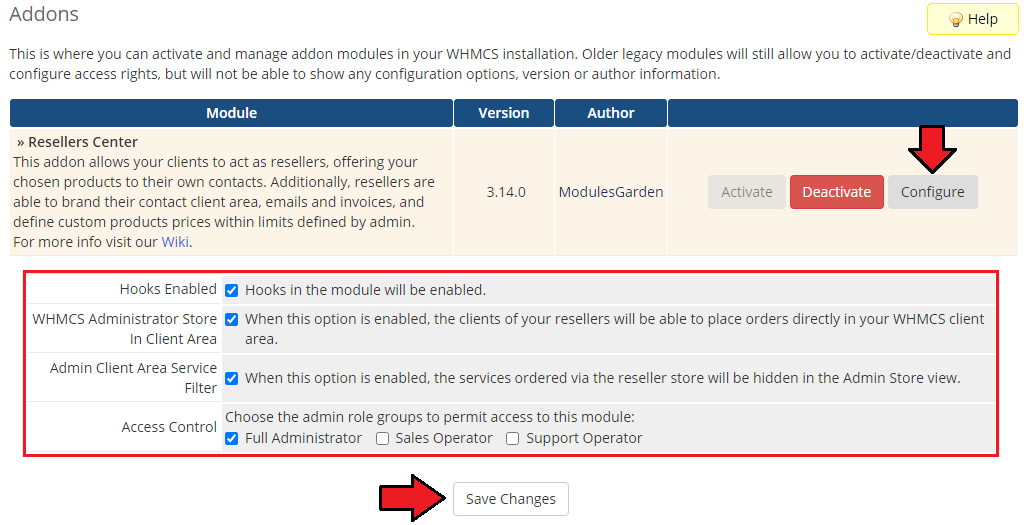 Resellers Center For WHMCS: addon configuration with hooks, store and access control options and Save Changes