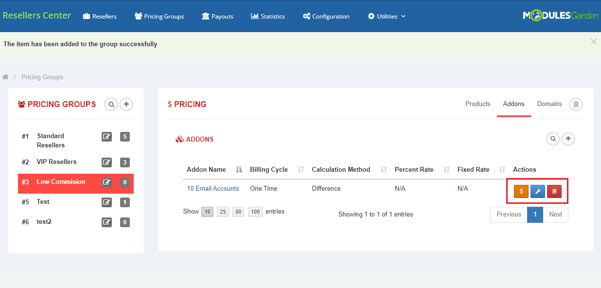 Resellers Center For WHMCS: Pricing Groups Addons table with the added addon and its pricing, method and delete buttons