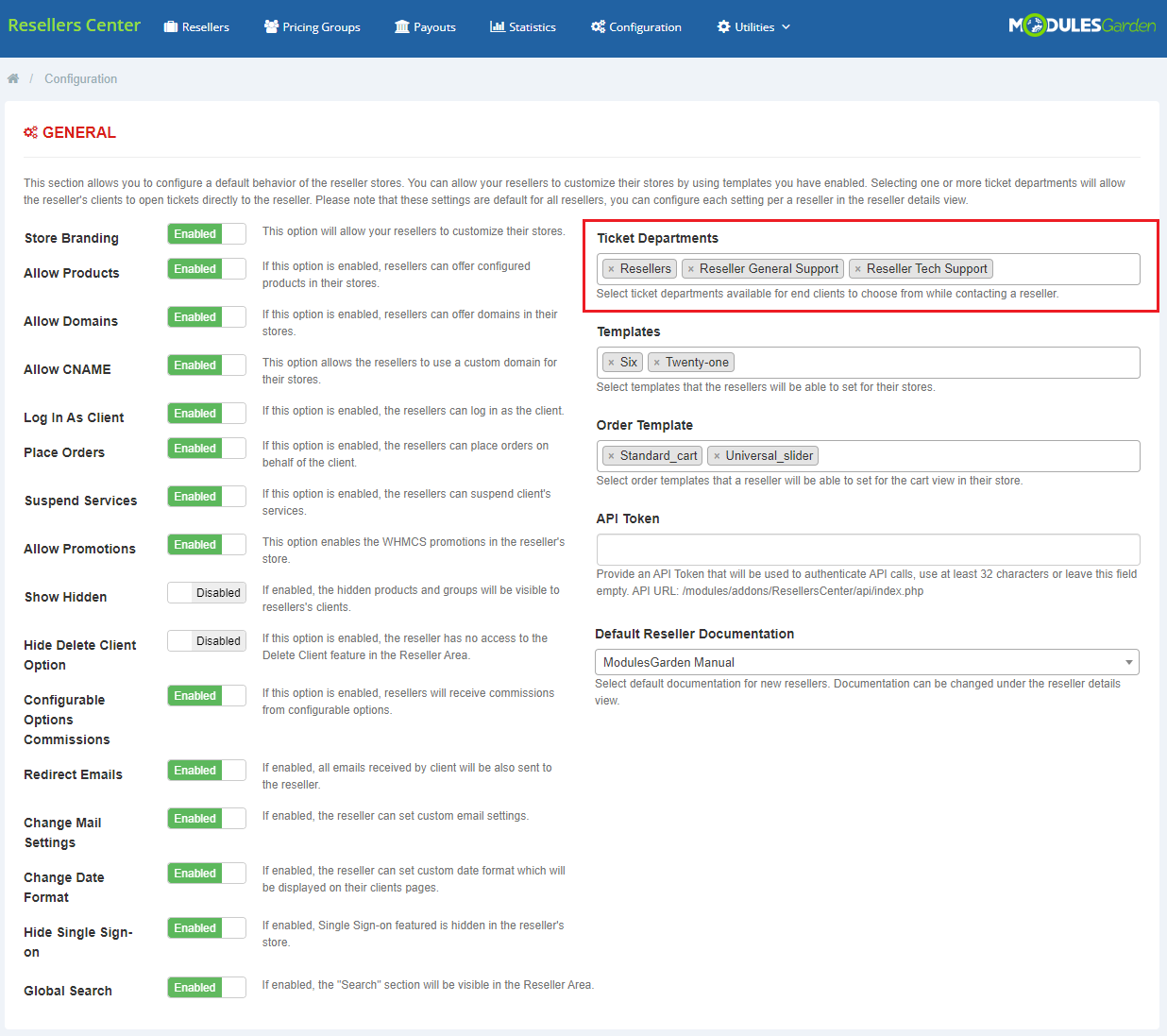 Resellers Center For WHMCS: the module Configuration page with the Ticket Departments field highlighted
