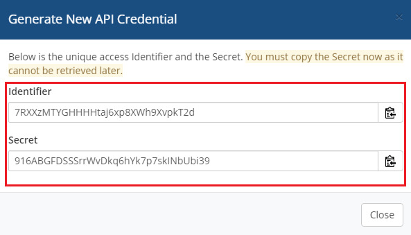 Resellers Center For WHMCS: the Generate New API Credential dialog showing the Identifier and Secret