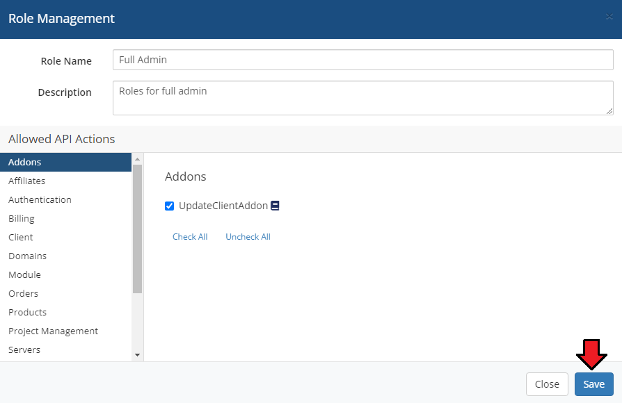 Resellers Center For WHMCS: the Role Management dialog with Allowed API Actions and the Save button