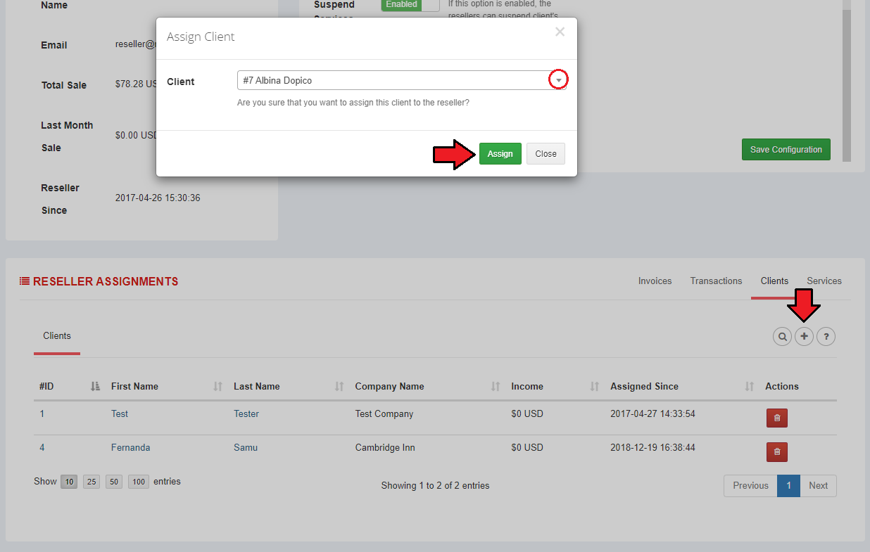 Resellers Center For WHMCS: Assign Client dialog with the client dropdown and Assign button over the reseller page