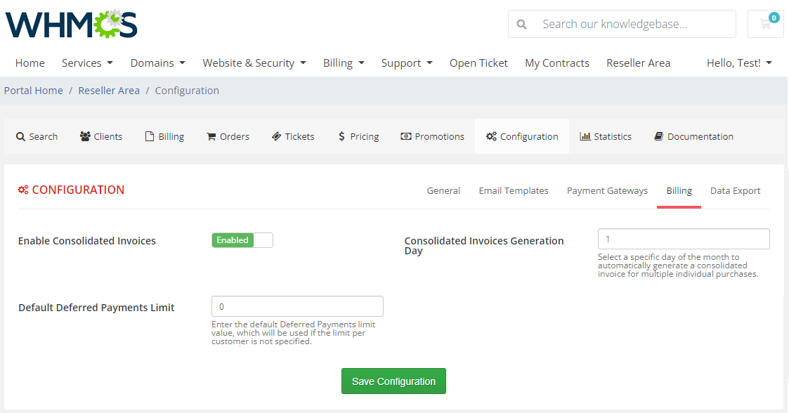 Resellers Center For WHMCS: Reseller Area Configuration Billing tab with consolidated invoices and deferred limit
