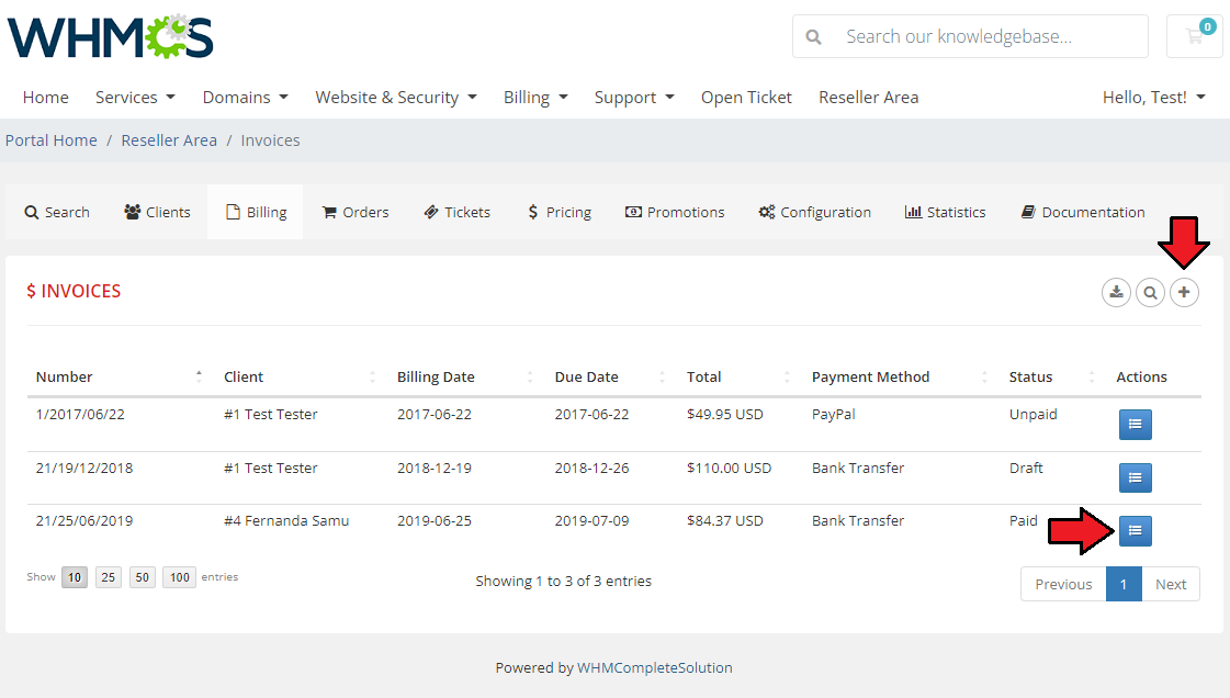 Resellers Center For WHMCS: Reseller Area Billing tab with the invoices list and the add and action buttons