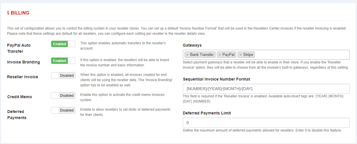 Resellers Center For WHMCS: Configuration Billing section with invoice toggles, gateways and deferred payments limit