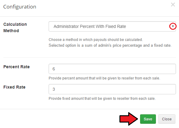 Resellers Center For WHMCS: Configuration dialog with the calculation method dropdown, percent rate and fixed rate