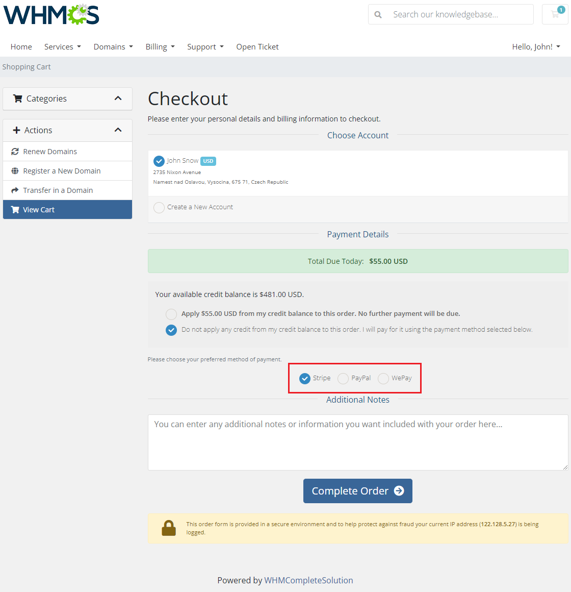 Resellers Center For WHMCS: the client checkout showing Stripe, PayPal and WePay payment methods