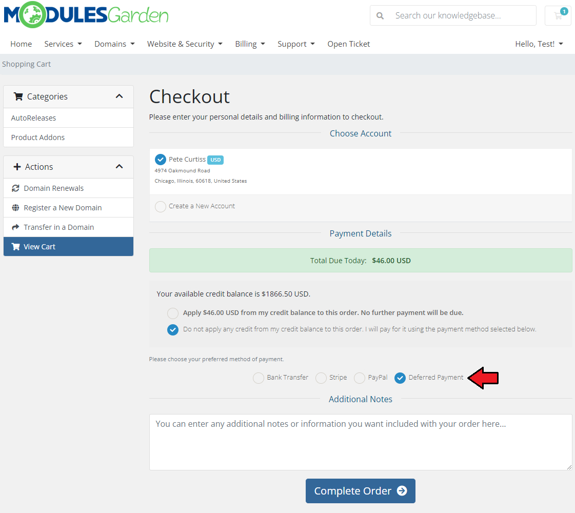 Resellers Center For WHMCS: the client area checkout with the Deferred Payment method selected