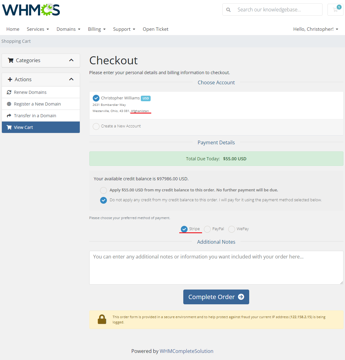 Resellers Center For WHMCS: the client checkout showing Stripe available for an Afghanistan address