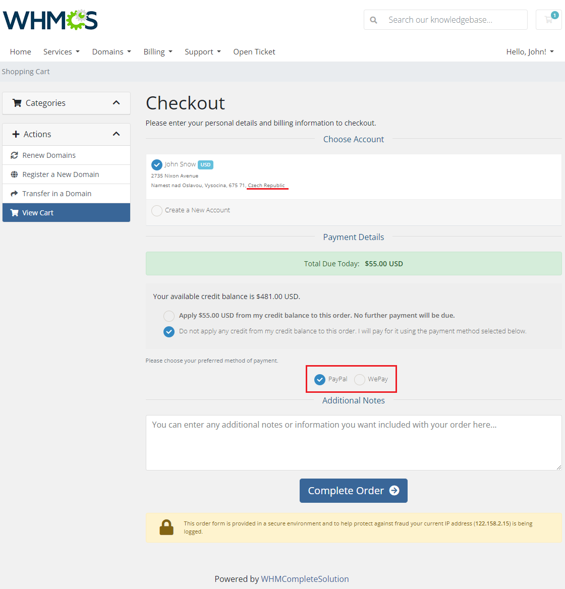 Resellers Center For WHMCS: the client checkout with only PayPal and WePay shown for a Czech Republic address