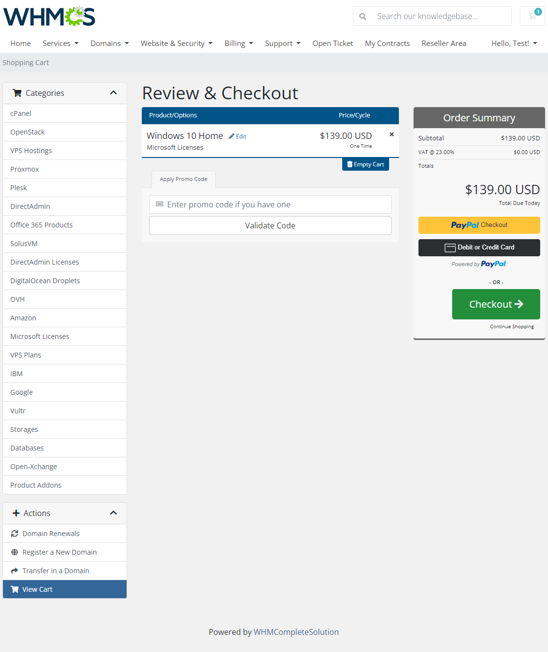 Resellers Center For WHMCS: the client area Review & Checkout page with a cart item, promo code field and order summary