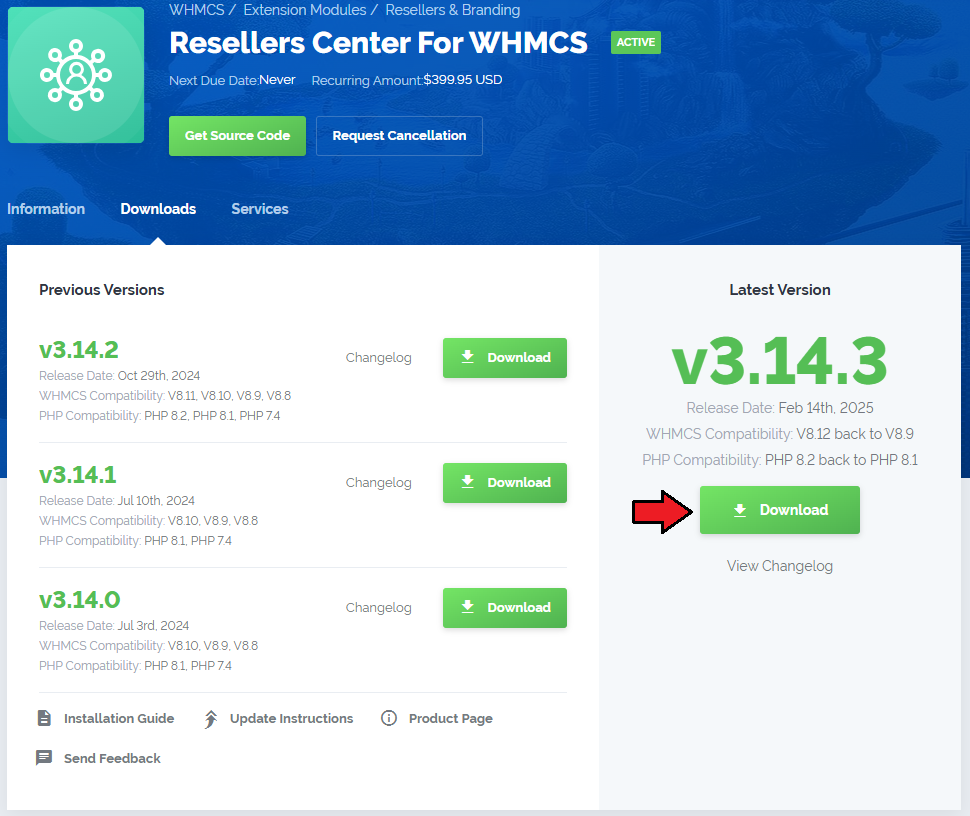 Resellers Center For WHMCS: client area product page with the Downloads tab and the latest version Download button