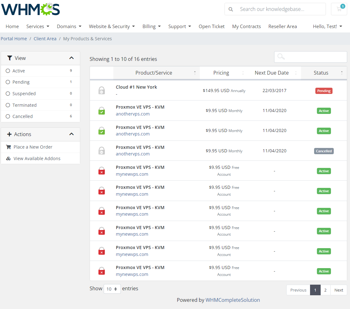 Resellers Center For WHMCS: the client area My Products & Services list with active and pending services
