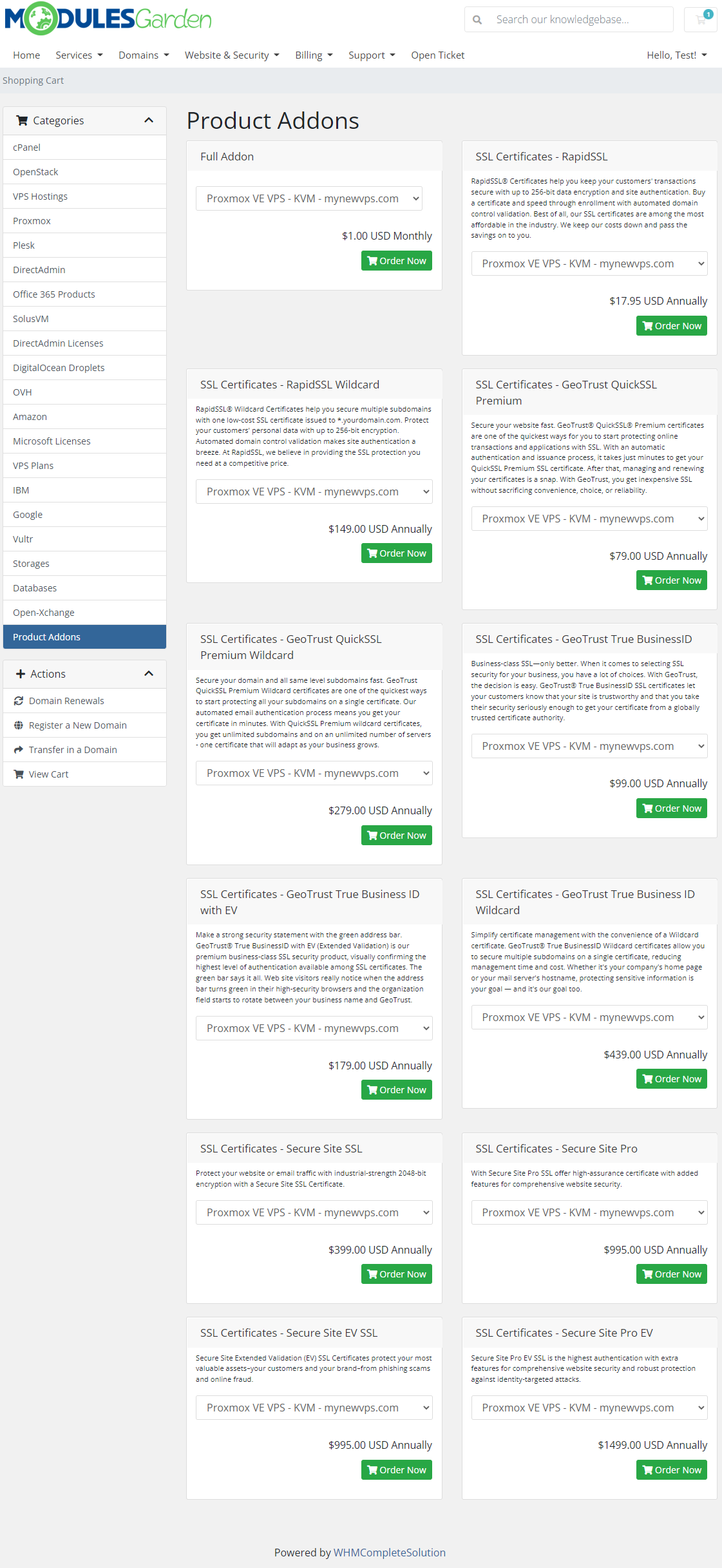 Resellers Center For WHMCS: the client area Product Addons page listing addons with Order Now buttons