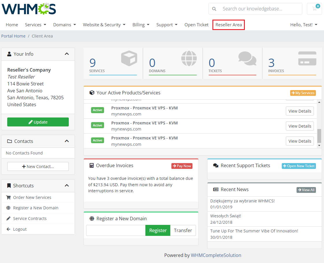 Resellers Center For WHMCS: WHMCS client area dashboard with the Reseller Area menu item highlighted