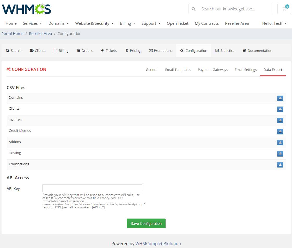 Resellers Center For WHMCS: Reseller Area Configuration Data Export tab with CSV download buttons and API Key