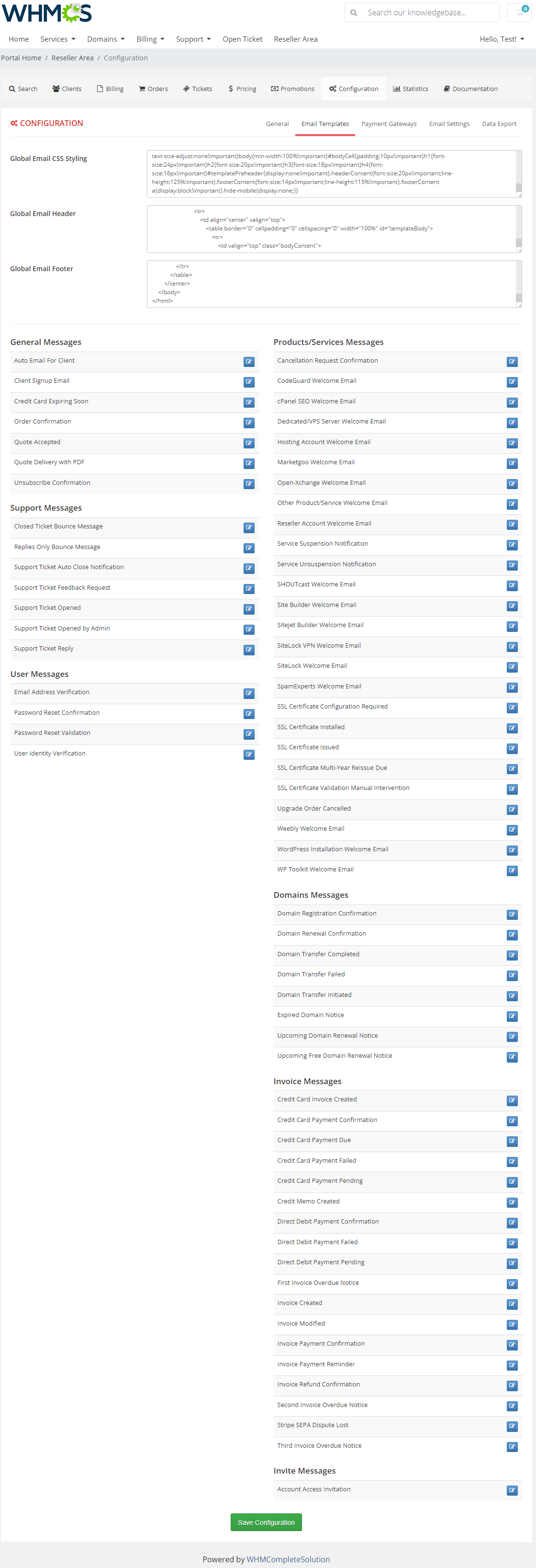 Resellers Center For WHMCS: Reseller Area Configuration Email Templates tab with global styling and template list