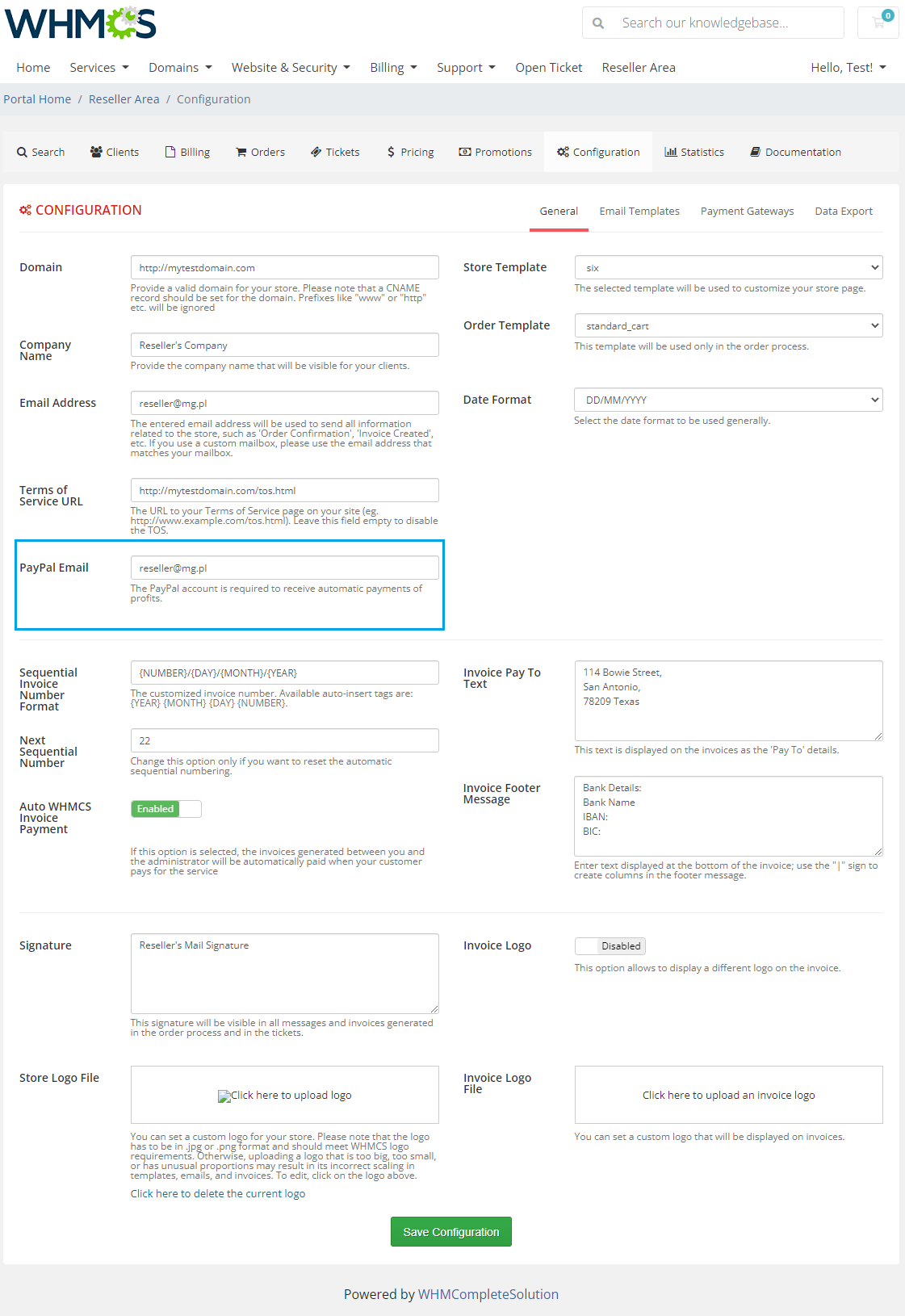 Resellers Center For WHMCS: Reseller Area Configuration General tab with the PayPal Email field highlighted