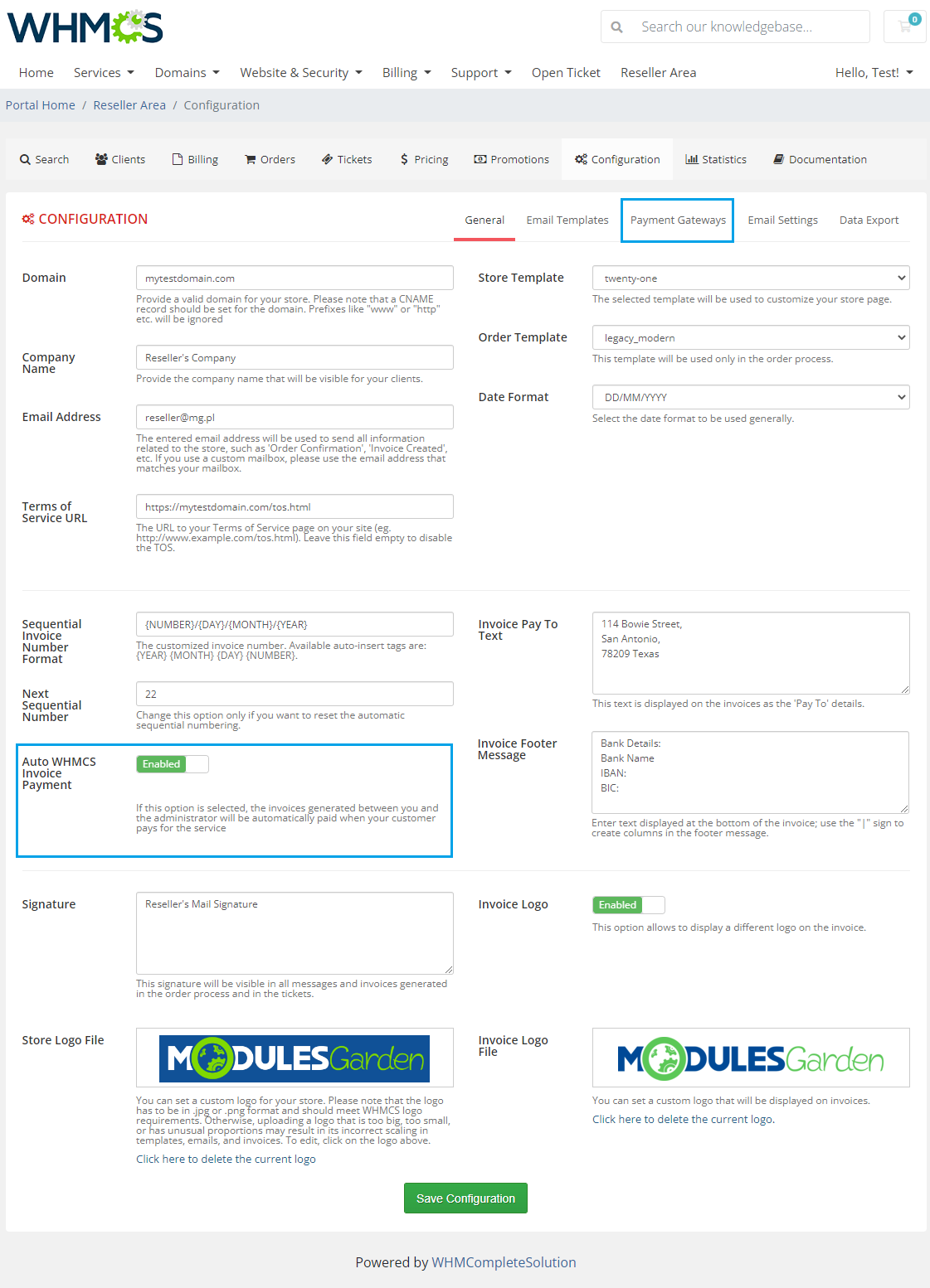 Resellers Center For WHMCS: Reseller Area Configuration General tab with Auto WHMCS Invoice Payment highlighted