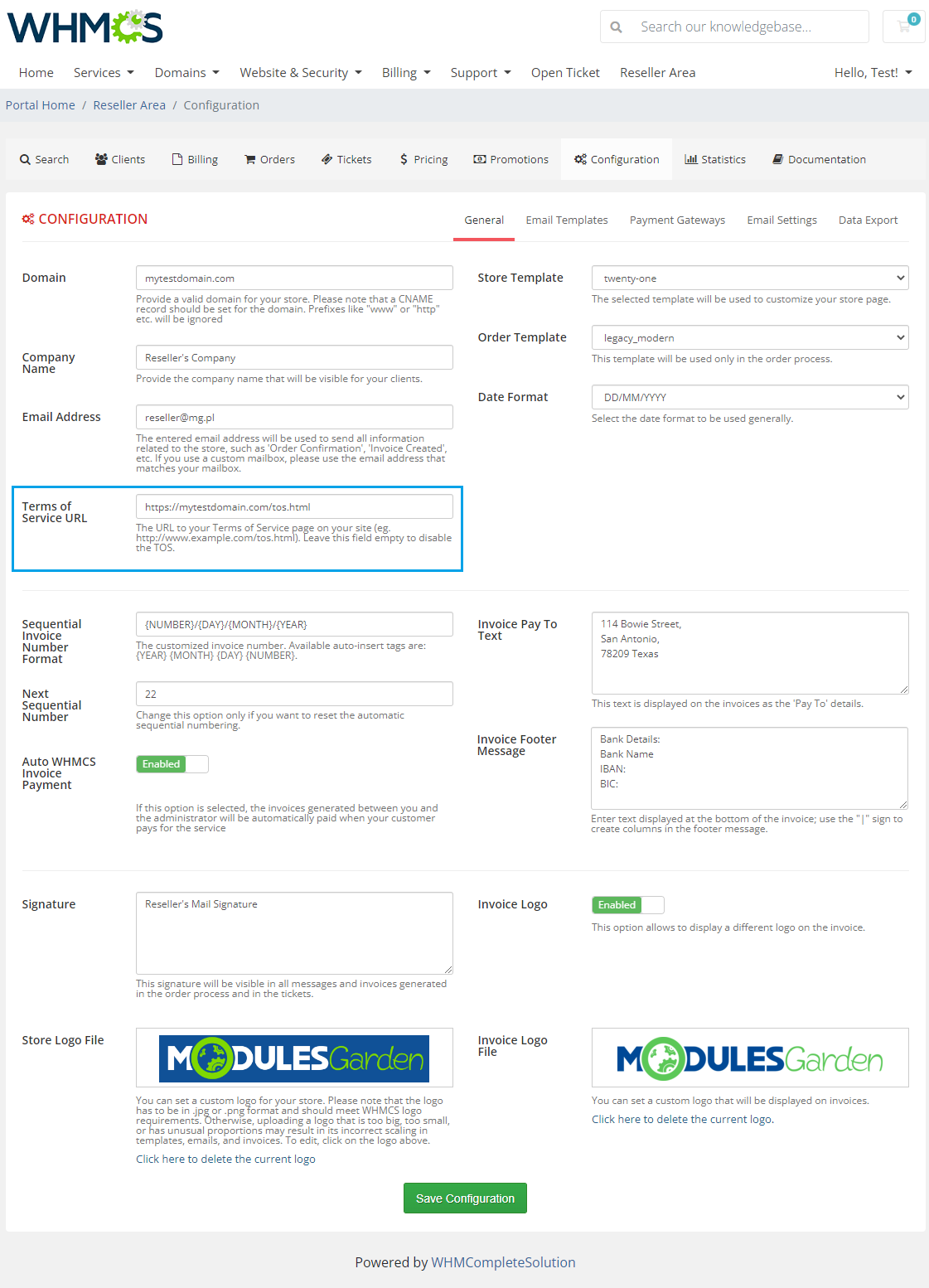Resellers Center For WHMCS: Reseller Area Configuration General tab with the Terms of Service URL field highlighted