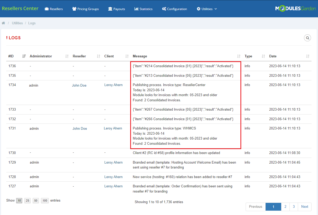 Resellers Center For WHMCS: the module Logs page with consolidated invoice publishing entries highlighted