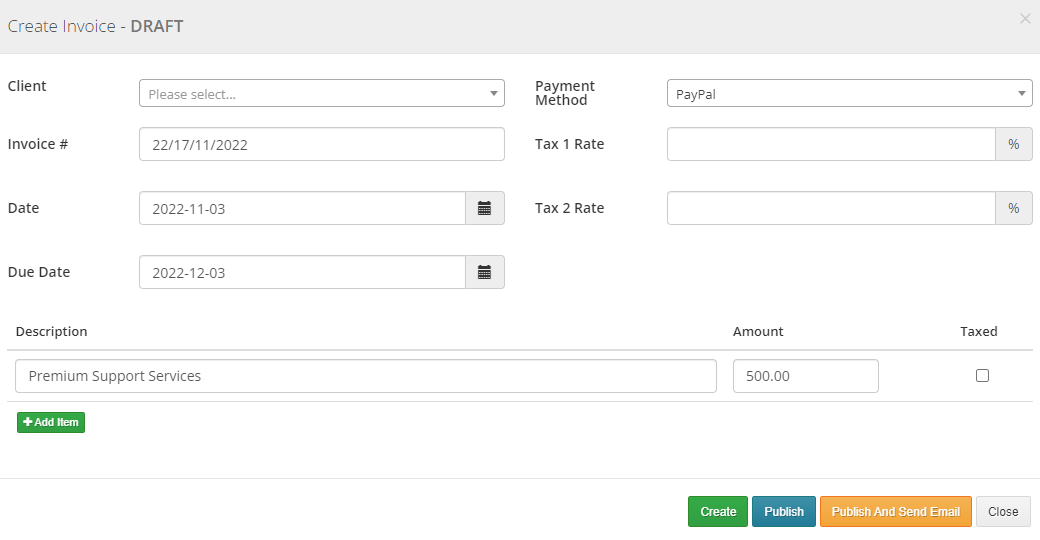 Resellers Center For WHMCS: Create Invoice dialog with client, payment method, dates, item and publish buttons