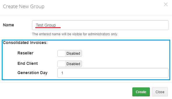 Resellers Center For WHMCS: Create New Group dialog with name and Consolidated Invoices settings highlighted