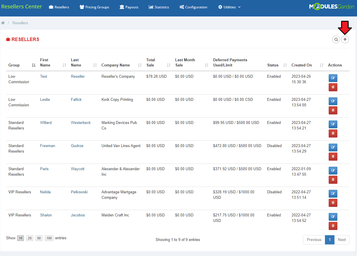 Resellers Center For WHMCS: Resellers page with the list of resellers and the create reseller button marked