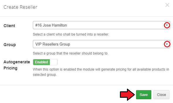 Resellers Center For WHMCS: Create Reseller dialog with client and group dropdowns, autogenerate pricing and Save