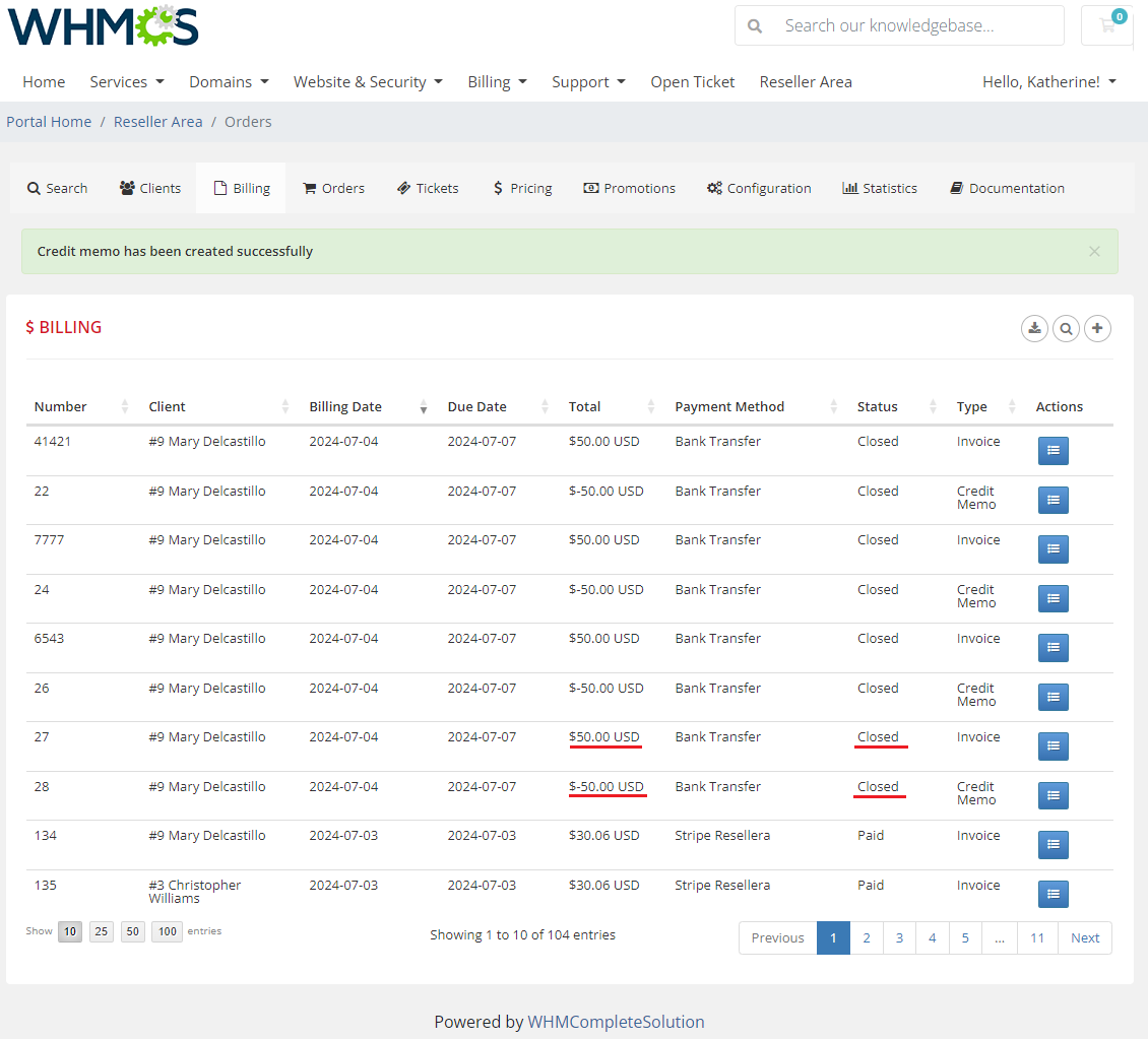 Resellers Center For WHMCS: the Billing list after credit memo creation with invoice and memo marked as Closed