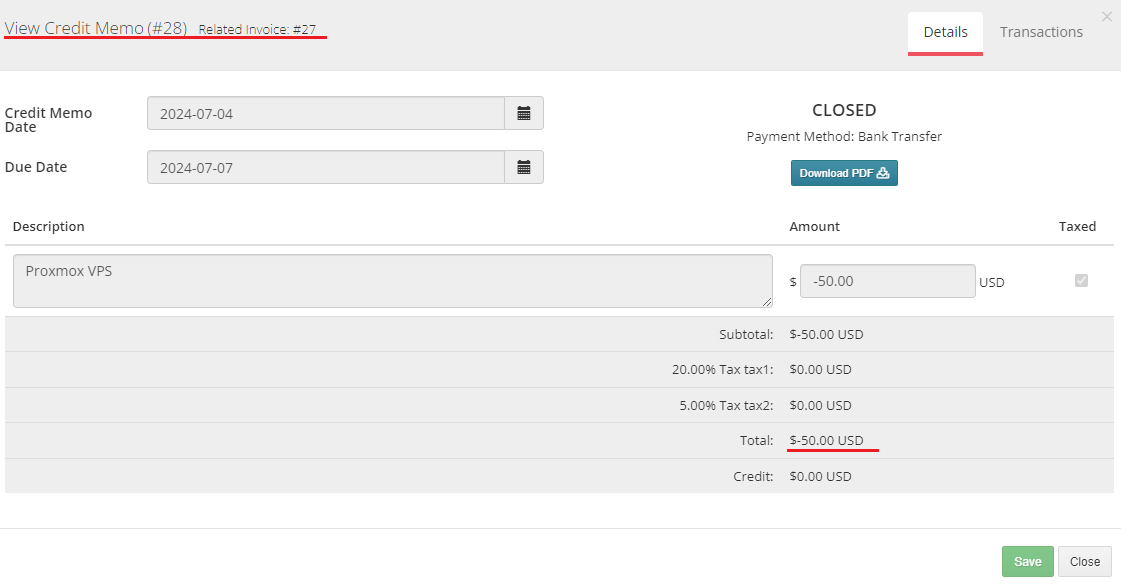 Resellers Center For WHMCS: the View Credit Memo dialog with the related invoice and a negative total