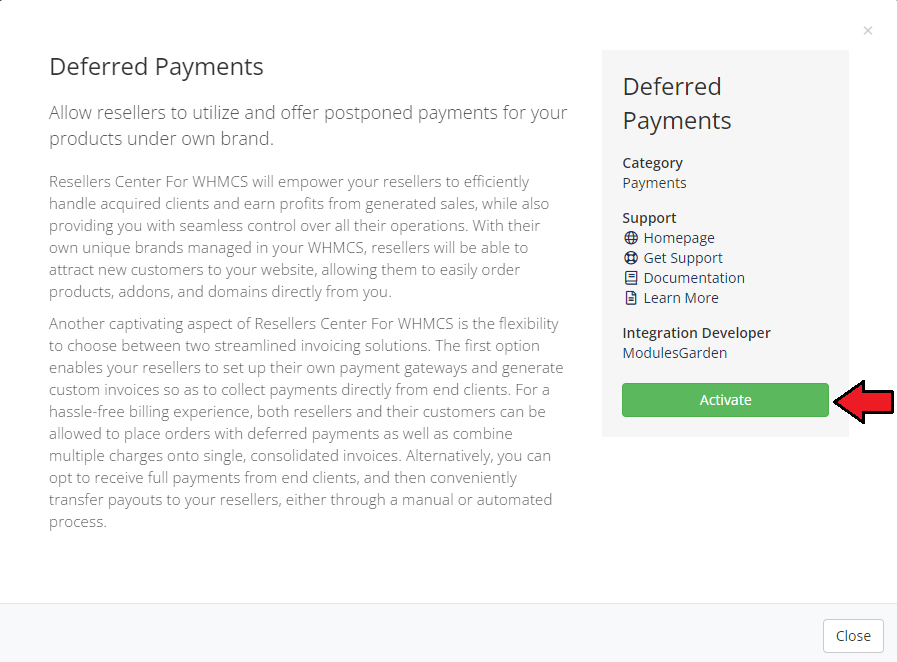 Resellers Center For WHMCS: WHMCS Apps and Integrations Deferred Payments window with the Activate button