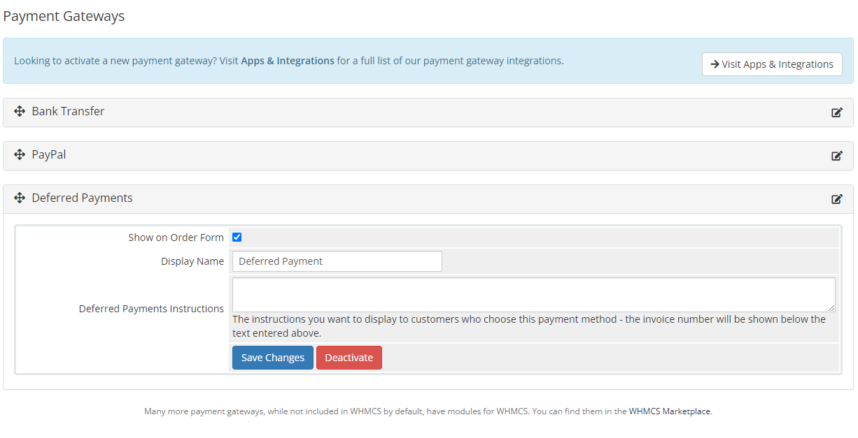 Resellers Center For WHMCS: WHMCS Payment Gateways page with the Deferred Payments gateway settings expanded