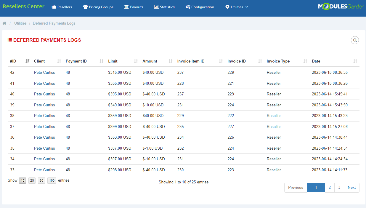 Resellers Center For WHMCS: admin Deferred Payments Logs table with client, limit, amount and invoice columns