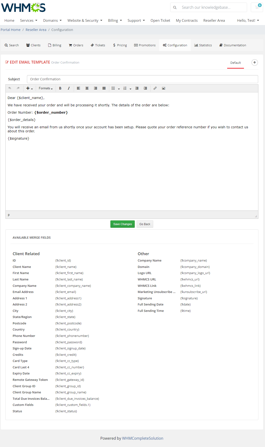 Resellers Center For WHMCS: Edit Email Template page with the editor, Save Changes button and merge fields list