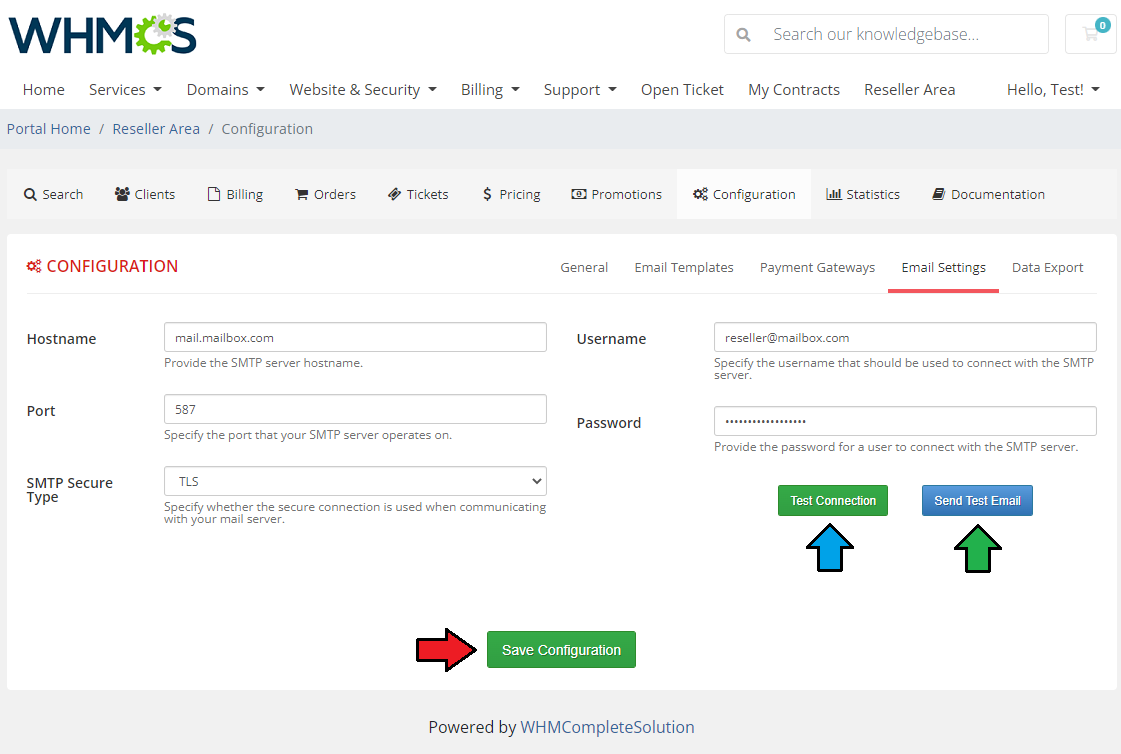 Resellers Center For WHMCS: Reseller Area Email Settings tab with SMTP fields and the Test Connection button