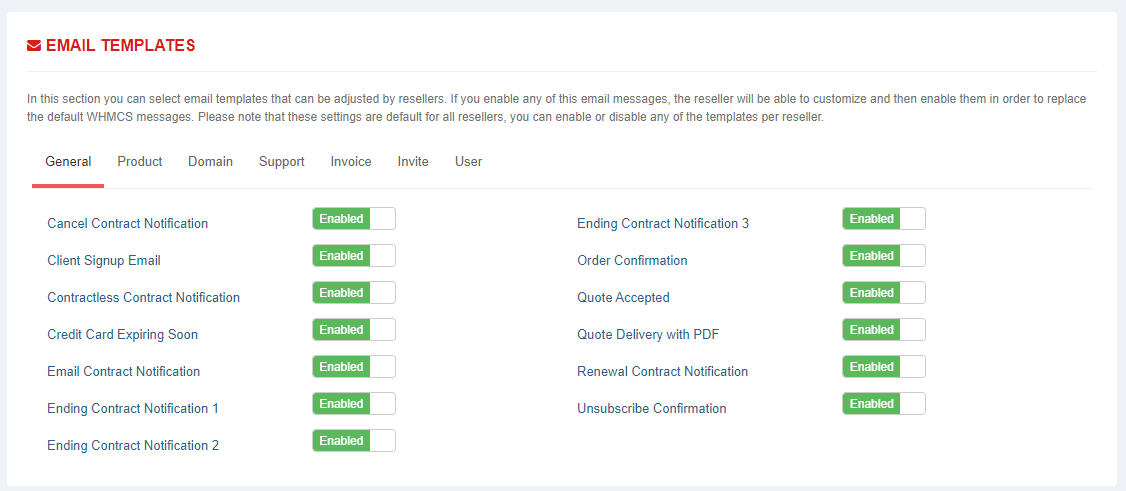 Resellers Center For WHMCS: Configuration Email Templates section with the General tab and enabled toggles