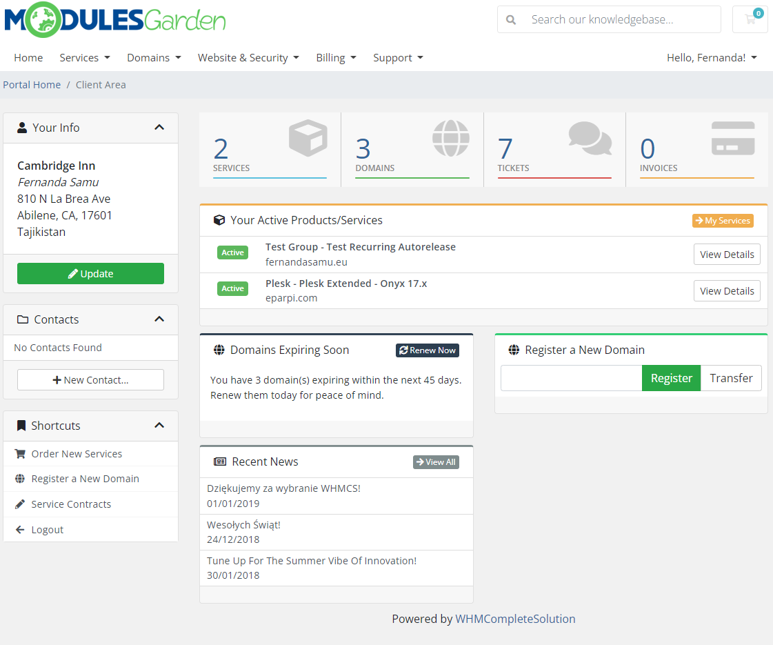 Resellers Center For WHMCS: the client area home page of an end client with services, domains, tickets and invoices