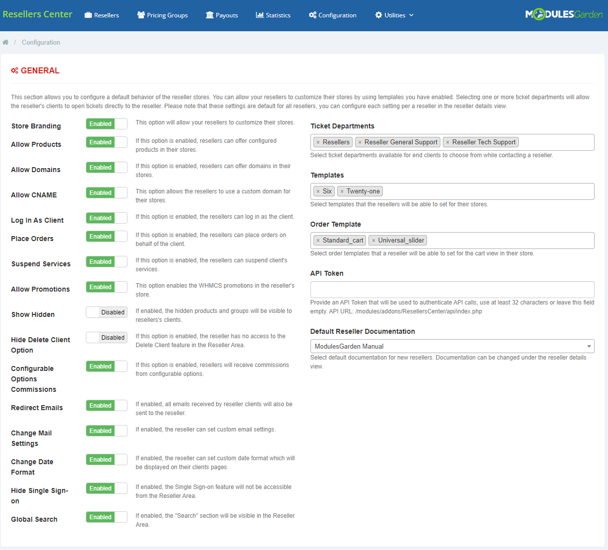 Resellers Center For WHMCS: Configuration General section with store toggles, ticket departments and templates