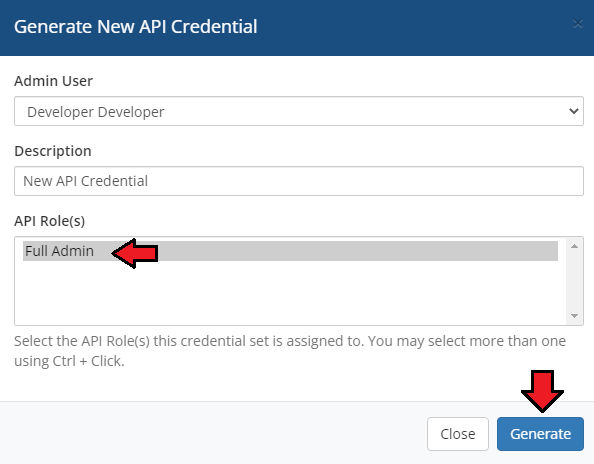 Resellers Center For WHMCS: the Generate New API Credential dialog with an API role selected