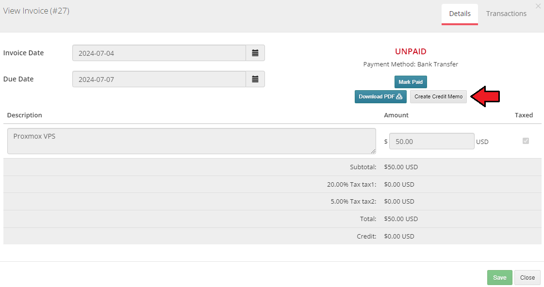 Resellers Center For WHMCS: the View Invoice dialog with the Create Credit Memo button